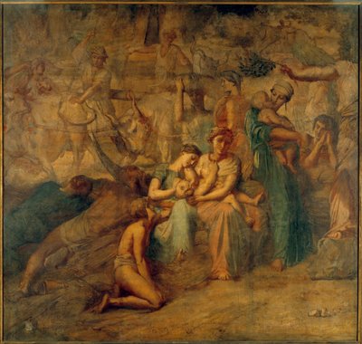 Barış anne, çocuk ve sürülerle alegorik temsil. Cour des comptes merdiveninin Theodore Chasseriau (1819-1856) tarafından boyanması 19. yüzyıl Güneşi. 3,4x3,6 m by Théodore Chassériau