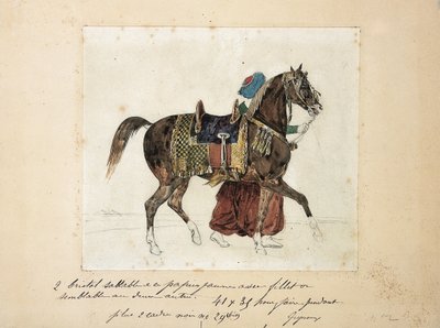 Bir mameluk tarafından yönetilen koşumlu bir at, arka planda iki piramit (kağıt üzerine kalem ve suluboya) by Theodore Gericault