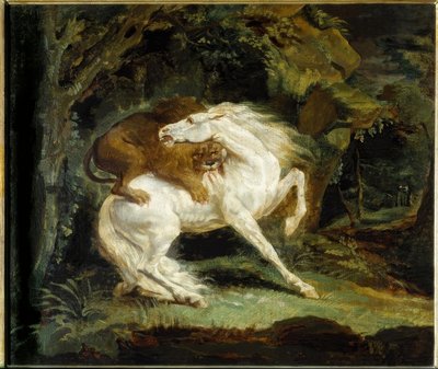 Aslan tarafından saldırıya uğrayan at by Theodore Gericault