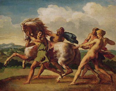 Bir atı durduran köleler, "Barbar Atlarının Yarışı" için çalışıyorlar, 1817 by Theodore Gericault