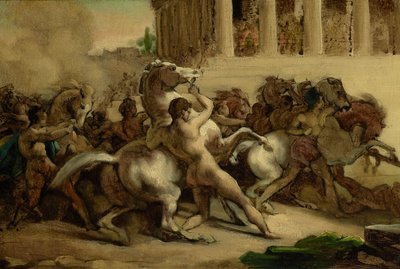 Binicisiz Atların Yarışı, 1817 (tuval üzerine serilmiş kağıt üzerine yağ, kalem ve mürekkep) by Theodore Gericault