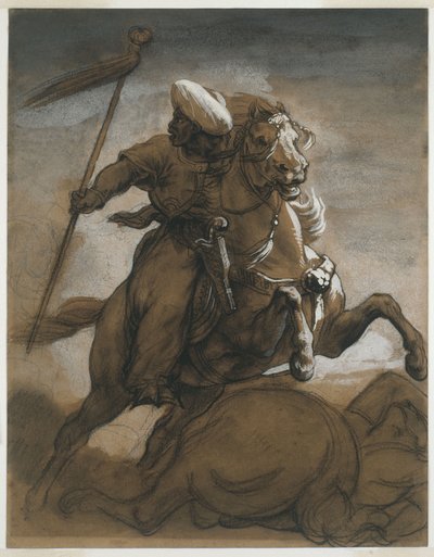 Savaşta Türk Süvari, c.1818 (kahverengi yıkama, kağıt üzerinde guaj ile yükseltilmiş) by Theodore Gericault