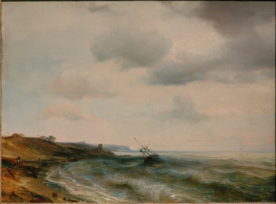 Karaya oturmuş bir gemi ile deniz kıyısı by Theodore Gudin