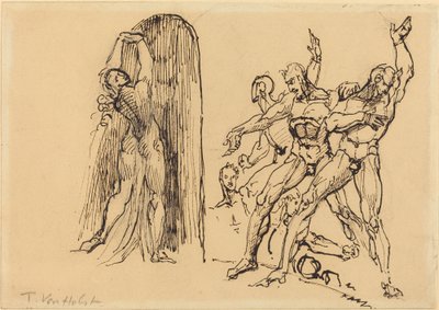 Çıplak Bir Kadın Bir Portala Girerken El Kol Hareketleri Yapan Beş Erkek Nü by Theodore M. von Holst