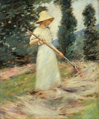 Saman Tırmıklayan Kız, c.1890 (tuval üzerine yağlıboya) by Theodore Robinson