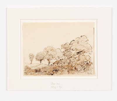 Uzun ağaçların altında yazlık ile manzara by Theodore Rousseau