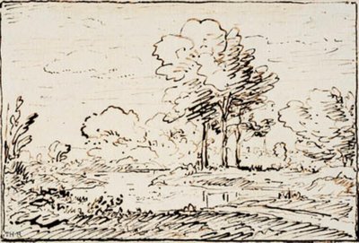 Bir nehir kıyısında üç uzun ağaçlı manzara by Theodore Rousseau