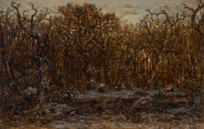Kışın gün batımında orman by Theodore Rousseau
