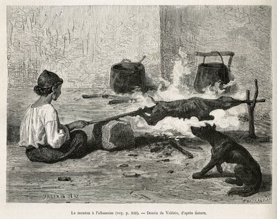 Arnavut ile koyun kavuran genç bir Karadağlı, ateşin önünde oturmuş ve tahta iğneyi sürekli çevirerek. Valerio