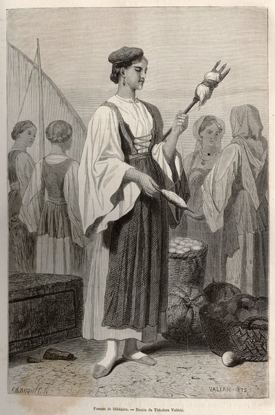 Pazar meydanında yün eğirmek için iğ kullanan Sebenico (Sırbistan) kadını. Theodore Valerio
