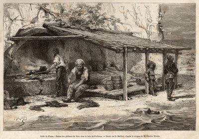 Fiume Körfezi (veya Rijeka, Istria) Proelucca körfezinde bir orkinos balıkçı kulübesi, balıkçılardan üçü hala uyuyor, battaniyelere sarılı, biri gözetleme yerini donatacak ve değiştirecek, biri mutfağı hazırlayacak ve yosunlar etrafta dolanacak. ayak o by Theodore Weber