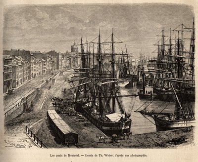 Les quais de Montreal, Th. Weber, Kanada ve Riviere Rouge du nord gezisini gösteren, H. De Lamotte tarafından, 1873, “Le tour du monde”” 1875