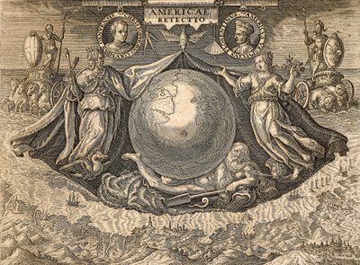 Denizciler Christopher Columbus ve Amerigo Vespucci portreleriyle Batı Hint Adaları veya Amerika Alegorisi by Theodore de Bry