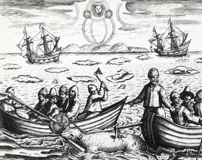 Aurora borealis ve beyaz ayı avı William Barents (yaklaşık 1550-1597) tarafından 1596
