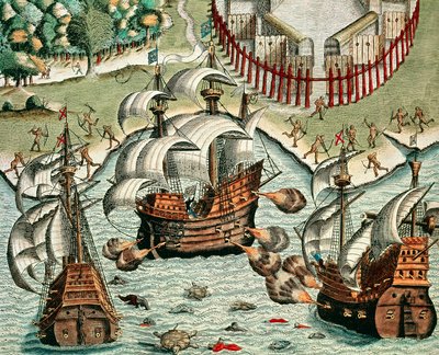 Fransızlar ve Portekizliler arasında Buttugar açıklarında savaş by Theodore de Bry