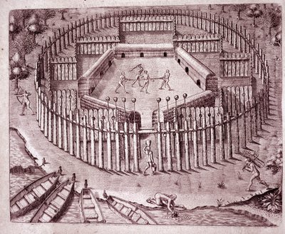 Hint kulübelerinin savunma sistemi, etrafına dikilmiş çift sıra ağaç gövdeleriyle. Kesilen düşman kafaları en üste yerleştirilir (Gravür by Theodore de Bry