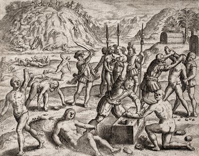 İspanyol yerleşimciler tarafından Kızılderililere uygulanan suçların açıklaması - Bir Hint köyünü katleden Conquistadors. Amputations des mains - Theodore de Bry