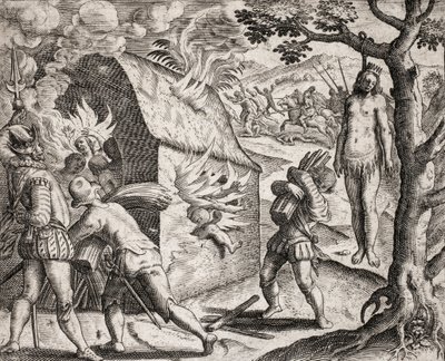 İspanyol yerleşimciler tarafından Kızılderililere uygulanan suçların açıklaması - Conquistadors tarafından bir Hint köyünün ateşi. Asma - Theodore de Bry tarafından Bartolome de las Casa tarafından “” Narratio Regionalum indicarum per Hispanos quosdam deva by Theodore de Bry