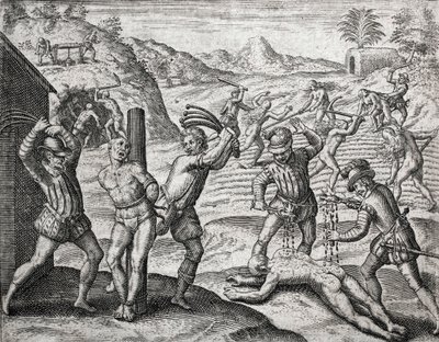 İspanyol yerleşimciler tarafından Kızılderililere uygulanan suçların tanımı - İspanyollar Kızılderililere işkence ediyor - Theodore de Bry