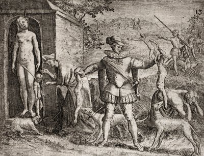 İspanyol yerleşimciler tarafından Kızılderililere uygulanan suçların açıklaması - Hintli kadınları ve çocukları katleden İspanyol Conquistadors. Asılı. Çocuklar jetes aux chiens - Theodore de Bry