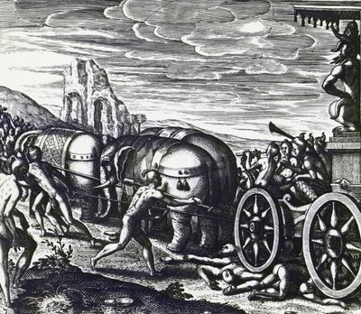 Theodor de Bry (1528-1598), oyma tarafından idol alayı sırasında araba tarafından ezilen adanmışlar by Theodore de Bry