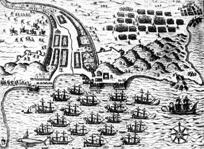 Drake, 1585 yılında De Bry tarafından Capo Verde adasında “Saint Giacomo” teknesini ele geçirdi. by Theodore de Bry