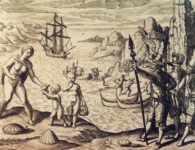 Hollandalı kaptan Sebalt de Weert, Historia americae'den Guyana kıyısına iniyor, Theodor de Bry (1528-1598), Frankfurt by Theodore de Bry