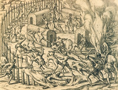 Bir Kızılderili köyüne saldıran Avrupalı fatihler, Theodore de Bry tarafından Amerikan Tarihinden İllüstrasyon by Theodore de Bry