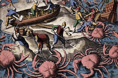 Avrupalı denizciler büyük yengeçle savaşıyor. Theodore de Bry