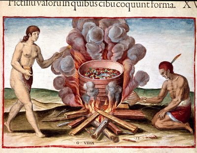 Amerika Tarihi: Theodore de Bry (1528-1598) tarafından "Admirante Narratio Americae" den "Hint pişirme balık" Gravür by Theodore de Bry