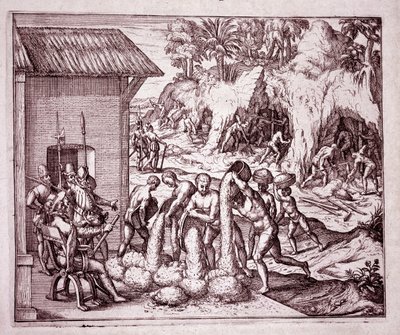 Amerika Tarihi: İspanyollar altın madenlerini sömürüyor (Gravür by Theodore de Bry