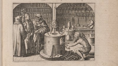 Tripus Avrevs için illüstrasyon, yani seçkin kimyagerlerin üç incelemesi.., 1618 by Theodore de Bry
