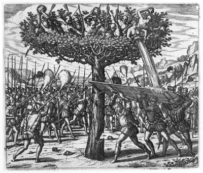 İspanyollara Mermiler Fırlayan Ağaçtaki Kızılderililer by Theodore de Bry