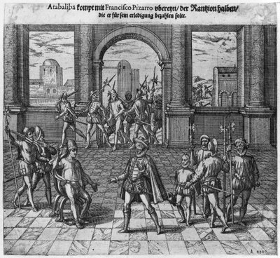 Kral Atahualpa (c.1502-33) Francisco Pizarro ile fidyesini tedavi ederken, 1533 (gravür) (bw fotoğraf) by Theodore de Bry