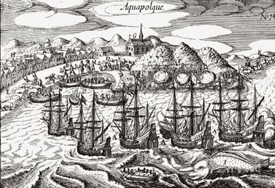 Meksika, Acapulco Görünümü - Meksika (Aquapolque), Theodore de Bry, ca. 1630. İspanyolların Filipinler ile Pasifik ticareti için ana liman olarak kullandıkları Acapulco
