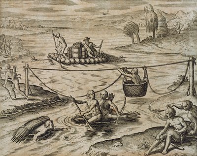 Theodore de Bry tarafından River Rapids Aşağı Gidiyor Kızılderili Kızılderilileri by Theodore de Bry