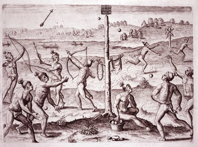 Koşma, ok atma ve top atma pratiği yapan Kızılderililer, Florida (Gravür by Theodore de Bry
