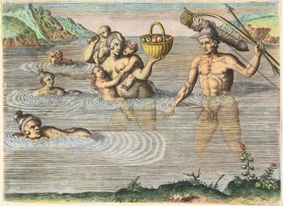 Florida Yerlileri: Bir adadan diğerine yüzen bir aile. “Amerika”dan, II. Kısımdan by Theodore de Bry