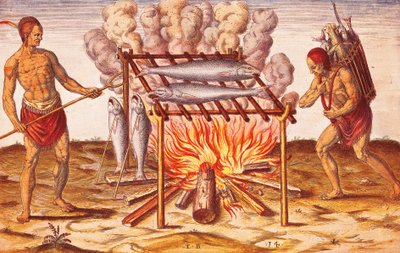 Yerliler yaşar: Kızılderililer Balıkları Nasıl Pişirir, Theodore De Bry tarafından Admiranda Narratio