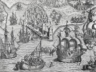Deniz savaşı, Theodore de Bry (1528-1598), Frankfurt tarafından Amerikan Tarihinden gravür by Theodore de Bry