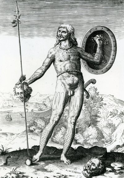 Bir insan kafası tutan Pictish adam by Theodore de Bry
