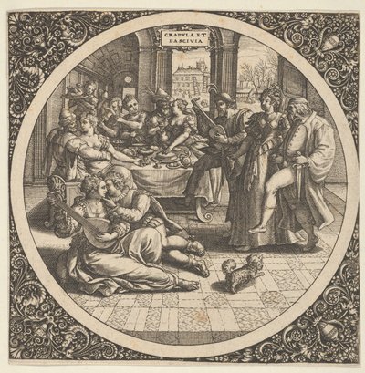 Merkezdeki Bir Dairede Bir Ziyafette Galants ile Sahne, 1580-1600. by Theodore de Bry