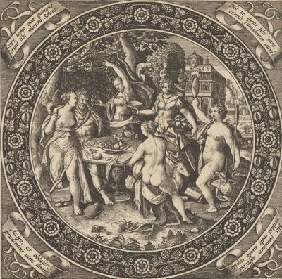Merkezde Bir Dairede Aşk Ziyafeti ile Sahne, 1580-1600. by Theodore de Bry