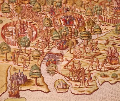 Yerliler ve fatihler arasındaki çatışmalarda kuşatma ve saldırı taktikleri by Theodore de Bry