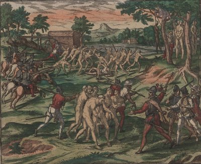 Köleler İspanyol sahiplerini alt etmeye çalışır, ancak yakalanır ve ağaçlara asılır, 1595. by Theodore de Bry