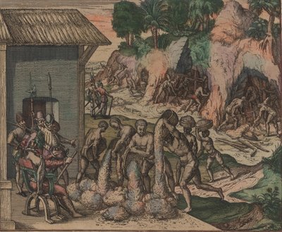 Köleler Avrupalı askerlerin önüne cevher döküyor. Arka planda, madenlerde çalışan köleler, 1595. by Theodore de Bry