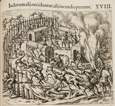 Bazı Kızılderililer öldürülür, bazıları bir yangında can verir. Gönderen: Americae pars quarta by Theodore de Bry