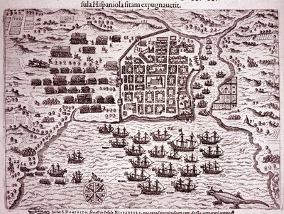 Francis Drake filosu Santo Domingo adasını işgal ediyor (Gravür by Theodore de Bry
