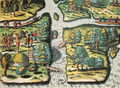 Fransızlar yerlilerin yiyecek almasına yardım ediyor by Theodore de Bry