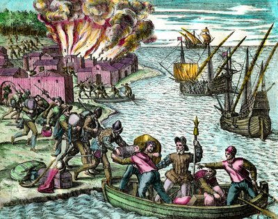 Fransızlar Chiorera şehrini yağmalayıp yakıyor Theodore de Bry (1528-1598) “Amerika Tarihi”nden Gravür 16. yüzyıl Özel Koleksiyon by Theodore de Bry